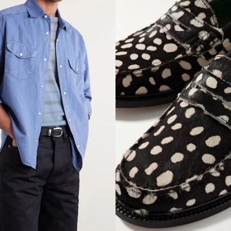 Two side-by-side photos of navy and brown summer menswear.