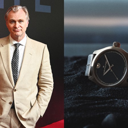 A photo of a man in a tan suit with a striped tie and his hands in his pockets next to an image of a watch lying in black volcanic soil