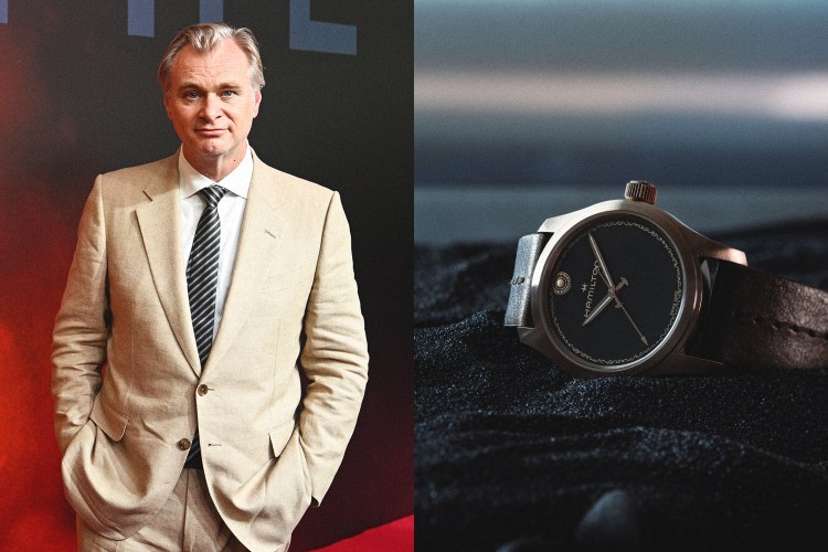 A photo of a man in a tan suit with a striped tie and his hands in his pockets next to an image of a watch lying in black volcanic soil