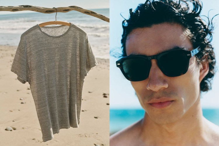 two images of a tee shirt hanging on a branch at the beach and a model in a pair of dark sunglasses