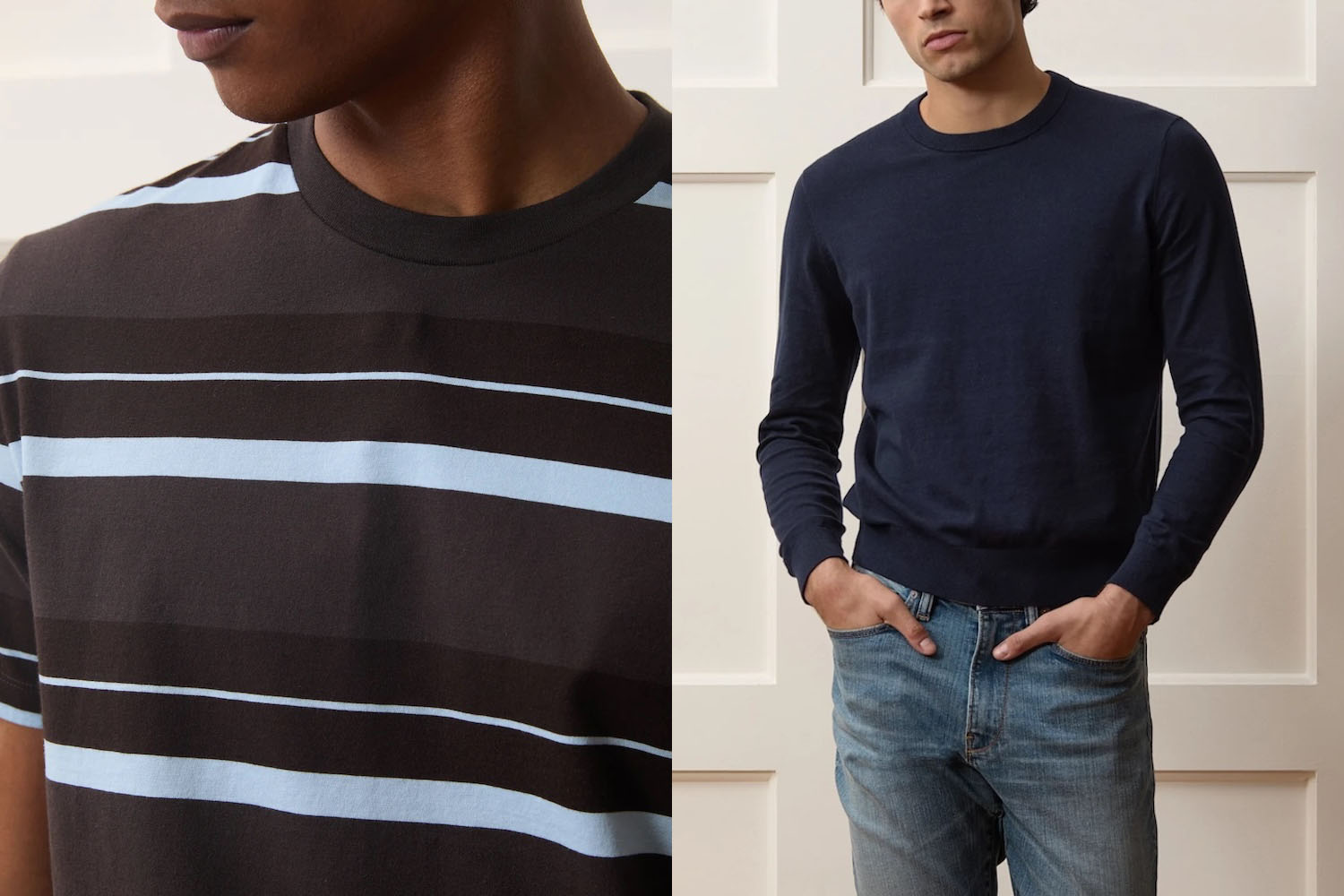 Two side-by-side photos of models in navy and brown summer menswear.