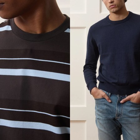 Two side-by-side photos of models in navy and brown summer menswear.