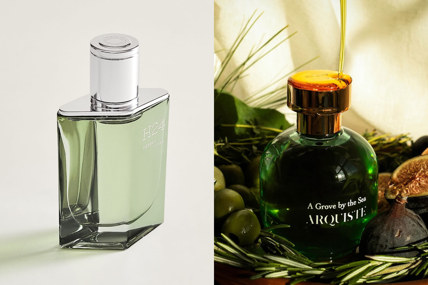 two side-by-side photos of green bottles of cologne