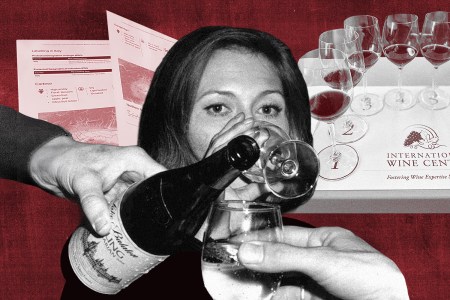 a collage of a woman drinking wine, a hand pouring a glass from a bottle and materials from a WSET class