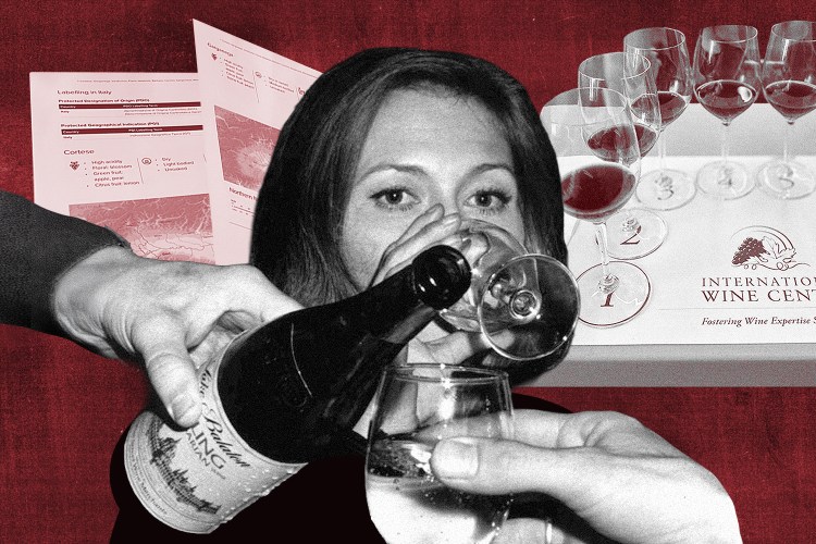a collage of a woman drinking wine, a hand pouring a glass from a bottle and materials from a WSET class