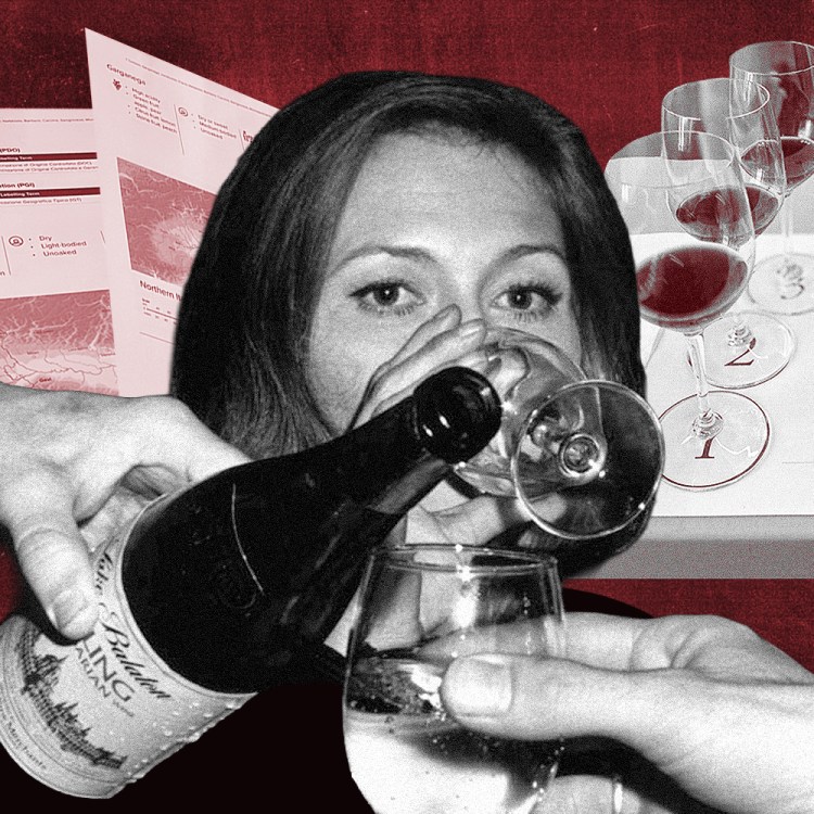 a collage of a woman drinking wine, a hand pouring a glass from a bottle and materials from a WSET class
