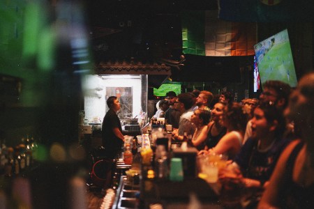 Fans react during a watch party for a FIFA World Cup 2026 round of 16 match between France and Paraguay at Lion Sports Bar on July 4, 2026 in Philadelphia