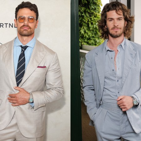 A photo of actor Theo James in a light grey suit and blue shirt and Andrew Garfield in a blue suit