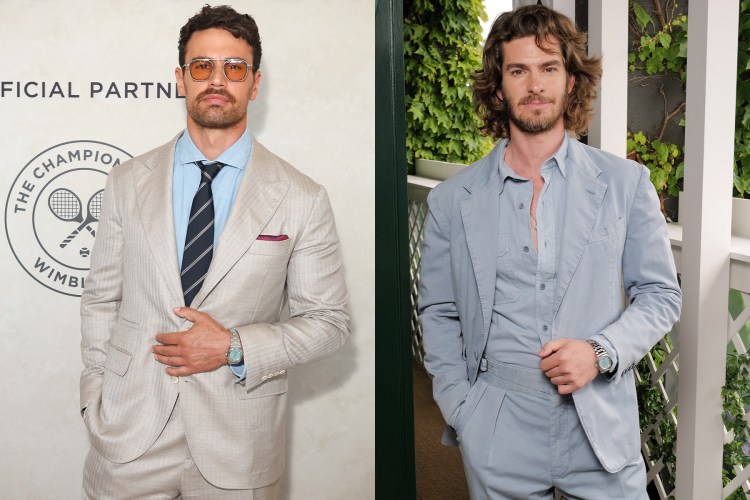A photo of actor Theo James in a light grey suit and blue shirt and Andrew Garfield in a blue suit