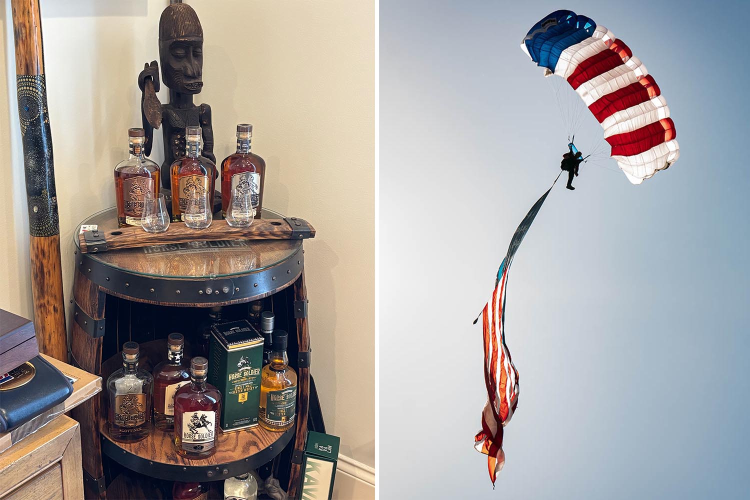 The Horse Soldier whiskey lineup; a parachuter at the distillery opening