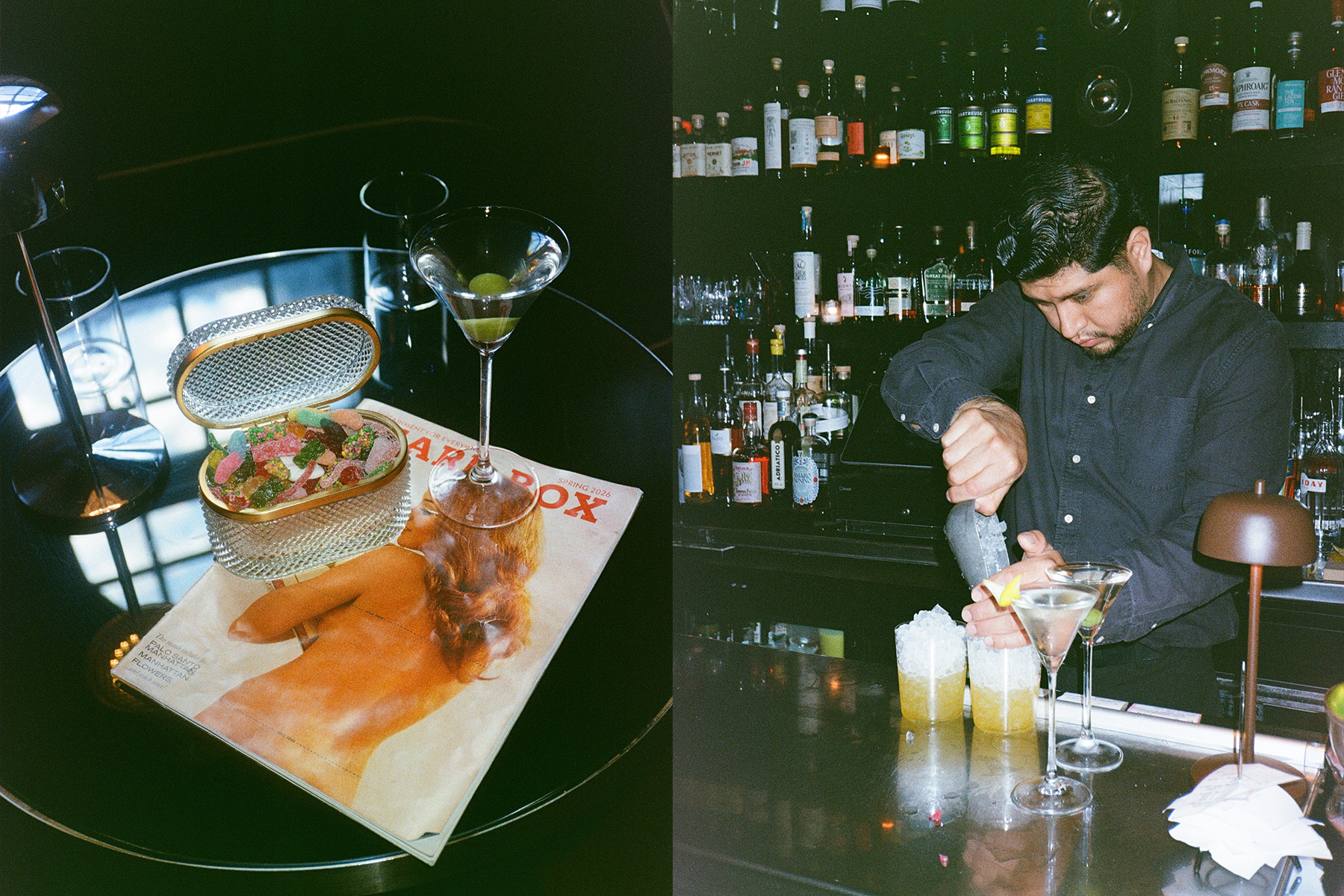 a box of candy and martini on a pearlbox menu and a bartender making cocktails