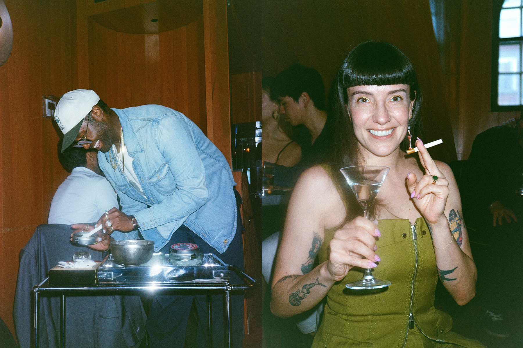 Kenneth manning the caviar cart at Pearl Box; feeling at home with my Martini and candy cigarette
