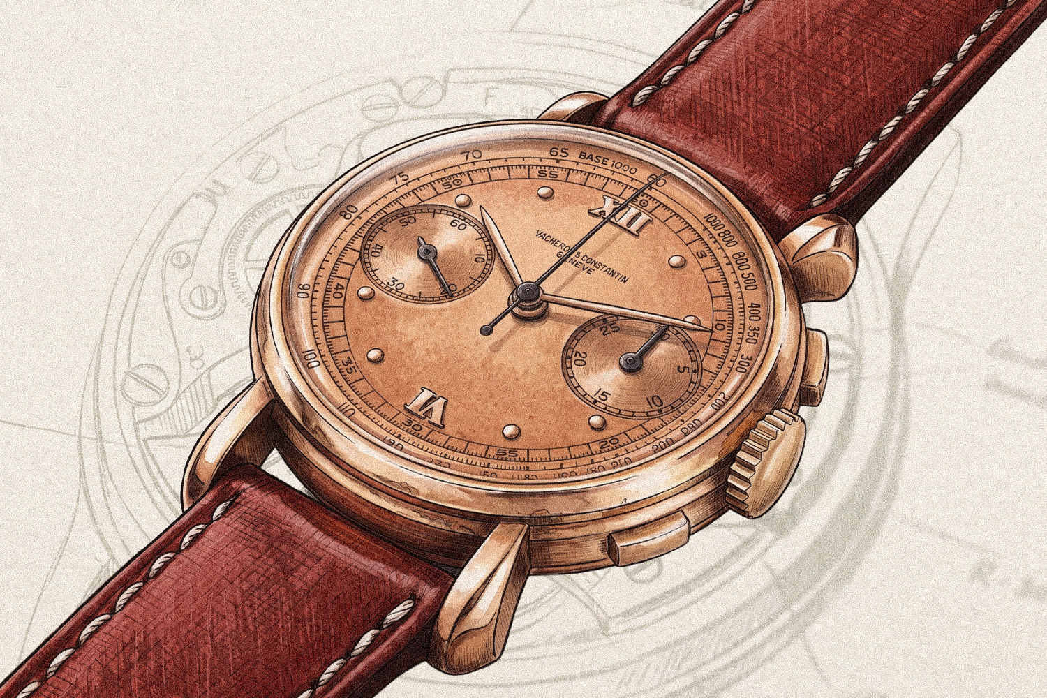 A chronograph watch. with a salmon-colored dial and a brown leather strap on top of an illustration of a watch movement