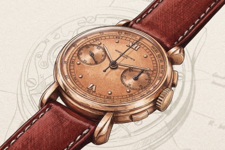 A chronograph watch. with a salmon-colored dial and a brown leather strap on top of an illustration of a watch movement
