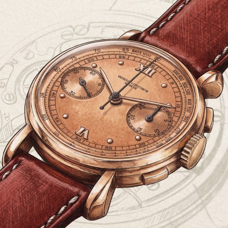 A chronograph watch. with a salmon-colored dial and a brown leather strap on top of an illustration of a watch movement