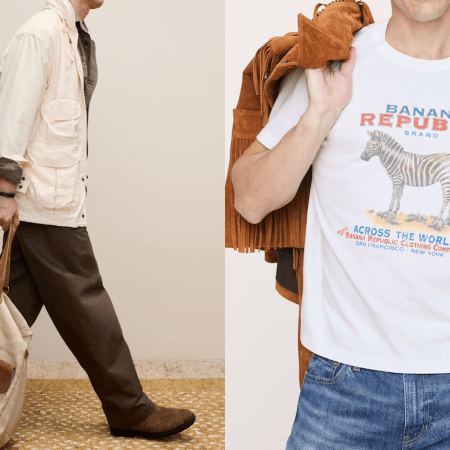 two photos of models wearing white tops and dark pants