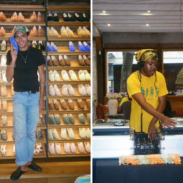 A man in a black shirt and jeans holds a blue shoe in a shoe store, next to a DJ in a yellow shirt.