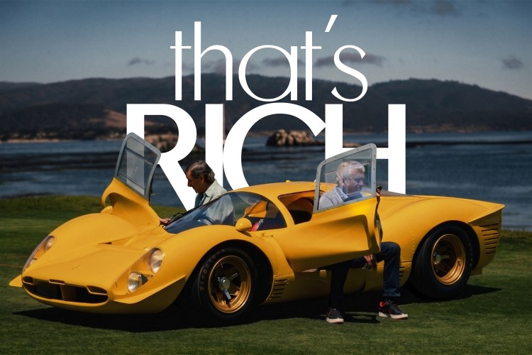 Two men exiting a yellow Ferrari with a text overlay "That's Rich"