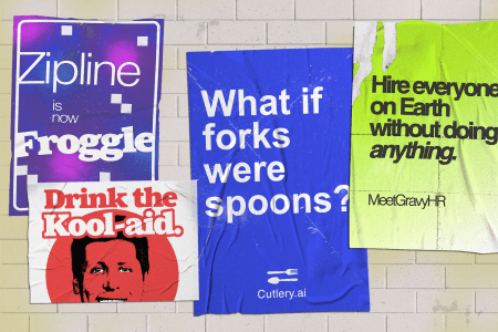 A collage of satirical tech ads created by comedians Harris Alterman and Dave Ross