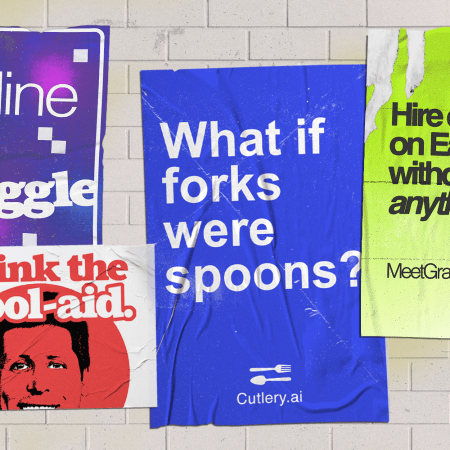 A collage of satirical tech ads created by comedians Harris Alterman and Dave Ross