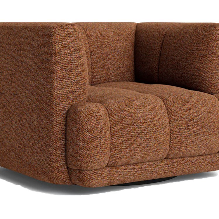 Textured, rust-colored armchair with rounded edges and a low back, casting a shadow on a white background.