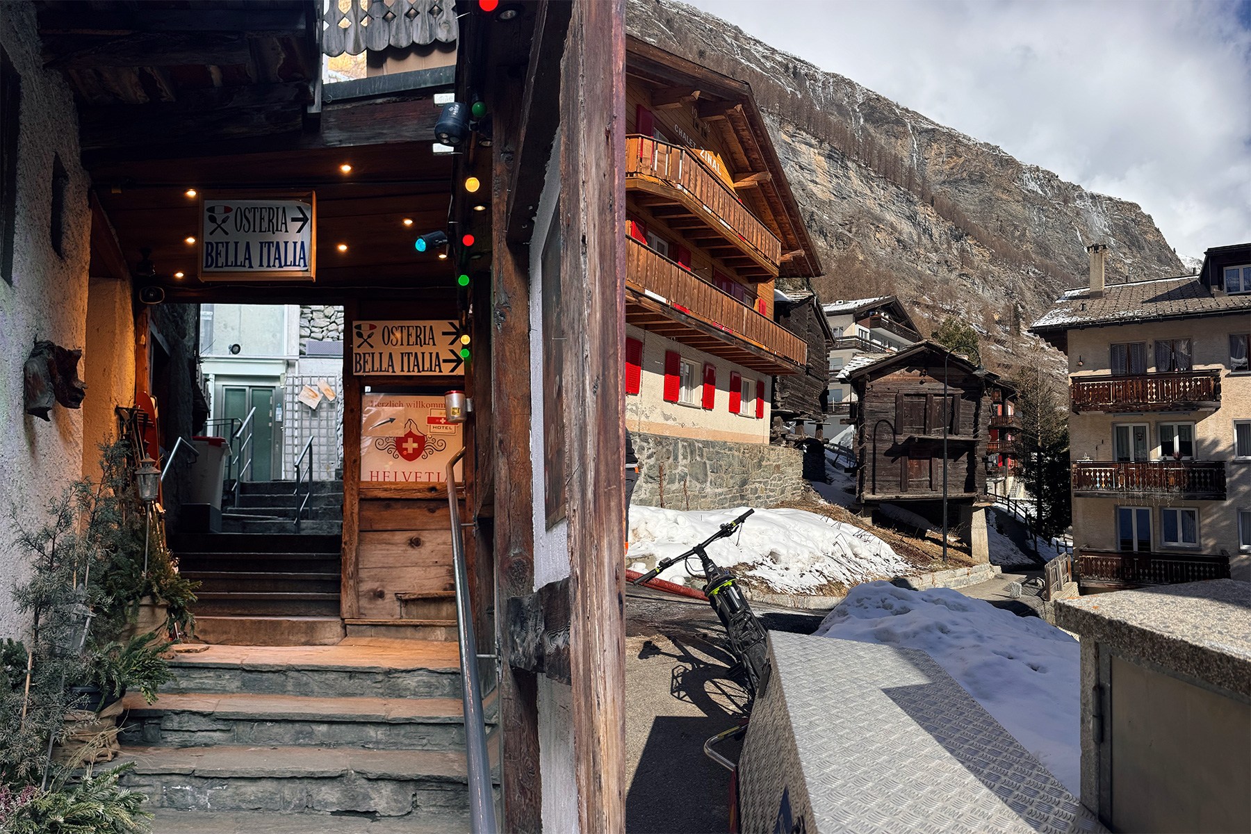 A split image: left, a narrow alley with stone steps and "Osteria Bella Italia" signs; right, a snowy village street with traditional wooden buildings and a mountain backdrop.