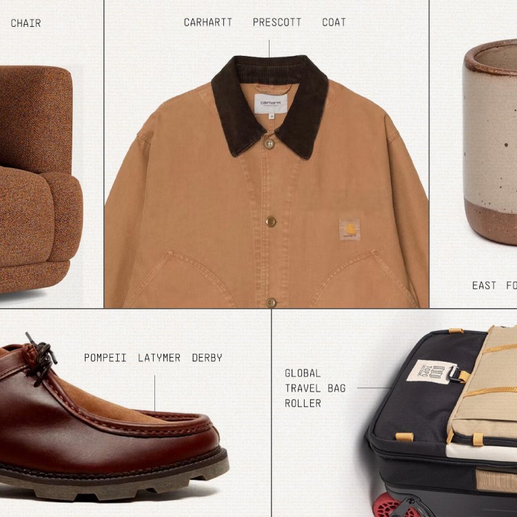 A collage of a brown swivel chair, a Carhartt coat, a speckled pottery mug, brown leather shoes, and a travel bag.
