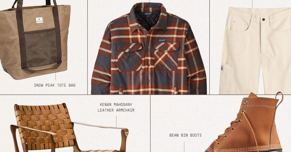 A collage of five outdoor-themed items: a tote bag, plaid flannel shirt, cream pants, leather armchair, and duck boot.