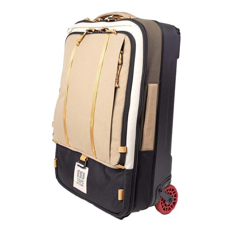 A beige, black, and olive green rolling suitcase with a red wheel, facing right.