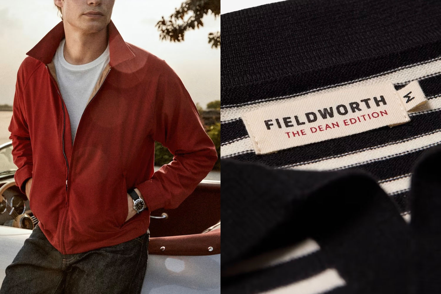Man in a red jacket leaning on a car, beside a close-up of a "FIELDWORTH THE DEAN EDITION" clothing tag.