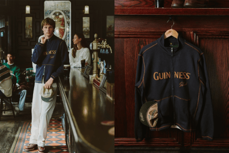 A Guinness jacket hanging and on a model.