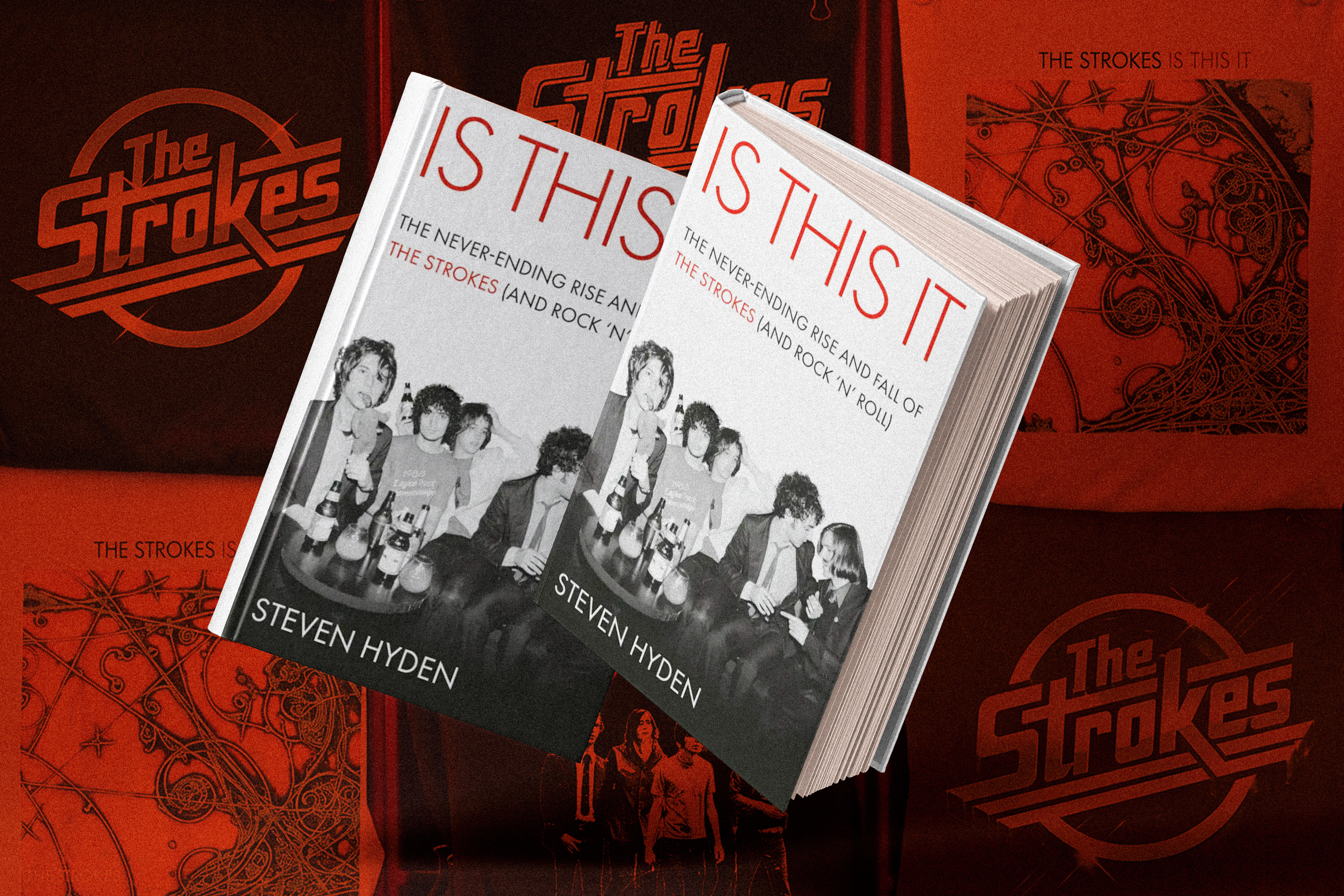 Two copies of Steven Hyden's book "Is This It" with The Strokes album art and band logo in the background.