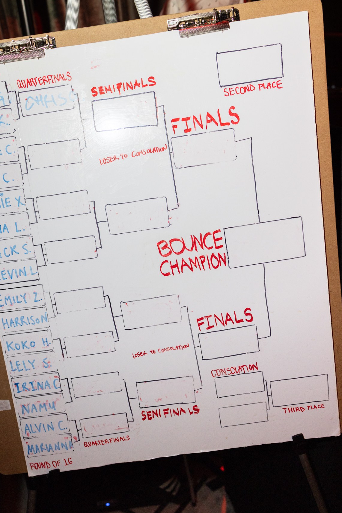 A whiteboard displays a tournament bracket with "Bounce Champion" at its center, surrounded by names and competition stages.
