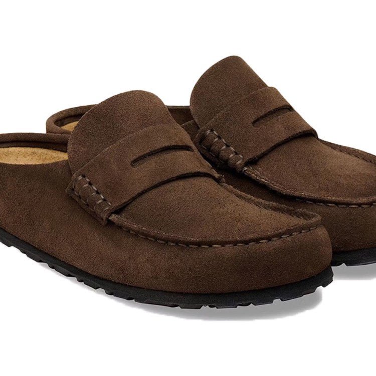 Pair of brown suede loafer slippers with black soles and light brown fleece lining.