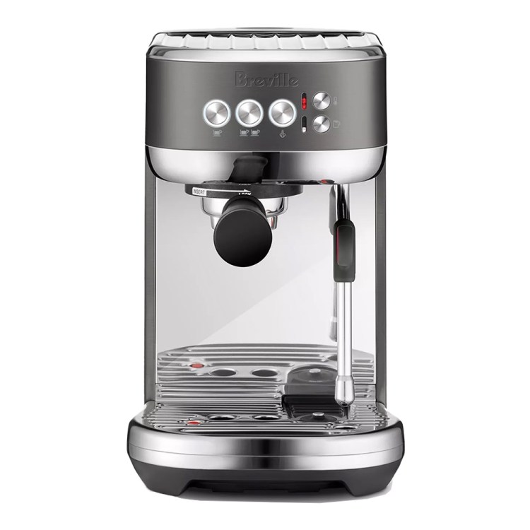 A Breville espresso machine with a dark gray top, chrome accents, and a black portafilter.