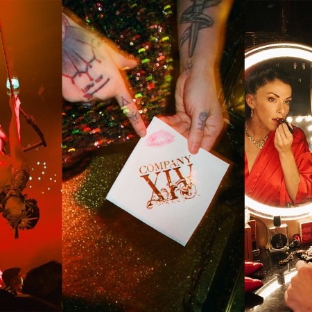 a triptych of a man upside down on a trapeze, a company XIV napkin with a lipstick mark and a brunette woman in a red robe applying red lipstick