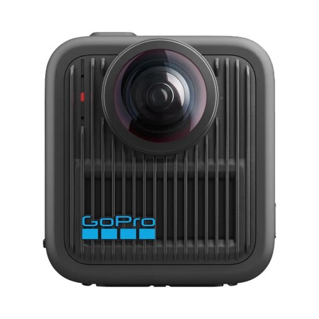 A black GoPro camera with a large circular lens centered at the top, a red indicator light, and the blue GoPro logo.