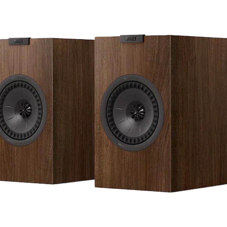Two KEF bookshelf speakers in dark wood finish, with black speaker cones and the KEF logo at the top.