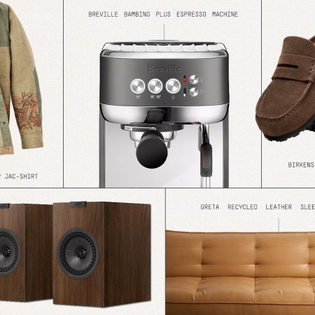 A grid of six product images: a deer-print jacket, an espresso machine, brown suede clogs, two wooden speakers, and a tan leather sofa.