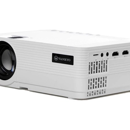 White Vankyo projector with a large lens on the left and multiple ports on the right side.
