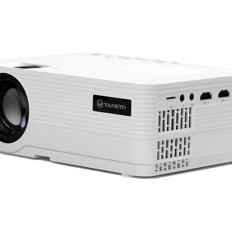White Vankyo projector with a large lens on the left and multiple ports on the right side.