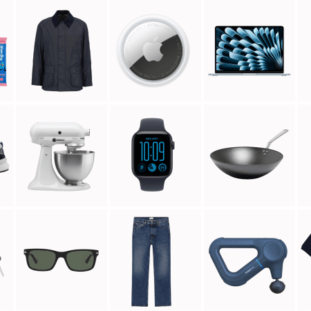 A grid of fifteen products including a blue Water Boy drink mix, a navy jacket, an Apple AirTag, a laptop, headphones, a New Balance sneaker, a KitchenAid mixer, an Apple Watch, a wok, Dior Sauvage cologne, an espresso machine, sunglasses, jeans, a Theragun, and a navy polo shirt.