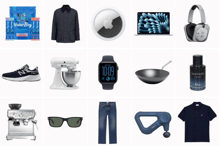 A grid of fifteen products including a blue Water Boy drink mix, a navy jacket, an Apple AirTag, a laptop, headphones, a New Balance sneaker, a KitchenAid mixer, an Apple Watch, a wok, Dior Sauvage cologne, an espresso machine, sunglasses, jeans, a Theragun, and a navy polo shirt.